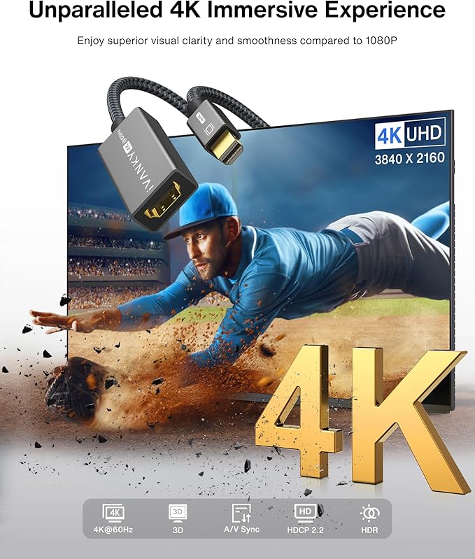 IVANKY 4K Active Mini DisplayPort to HDMI Adapter, 4K@60Hz, Thunderbolt 1&2 to HDMI Super Slim, Mini DP to HDMI Adapter for MacBook Air/Pro, Surface Pro/Dock/Book, Monitor, Projector-Grey