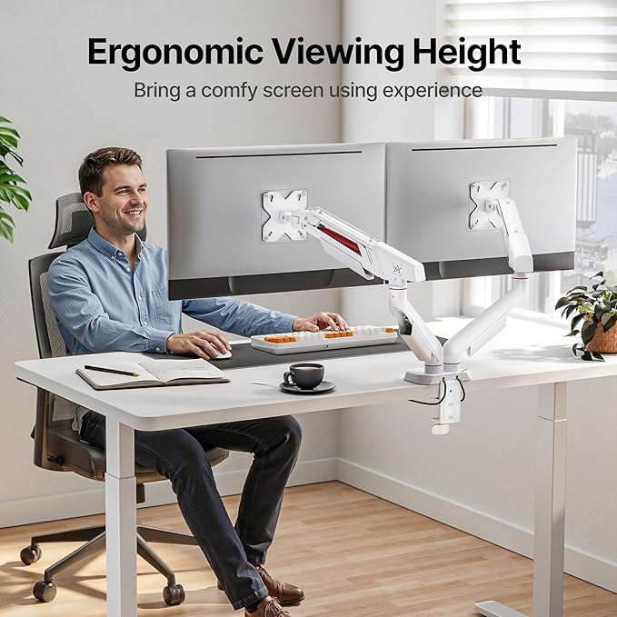 ARES WING Heavy Duty Dual Monitor Arm, Fully Adjustable Monitor Mount for 17-35 Inch Flat Curved Ultrawide Screens Up to 26.5lbs with USB A/C, C-Clamp & Grommet Base, 75/100 Vesa Mount, White