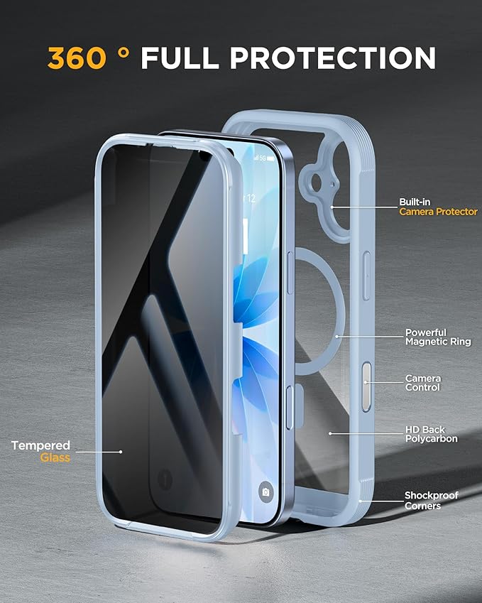 Miracase Magnetic for iPhone 17 Case with Privacy Screen Protector [Compatible with MagSafe],Full Camera Protection and Full Body Shockproof Bumper 17 Phone Cover 6.3", Light Blue