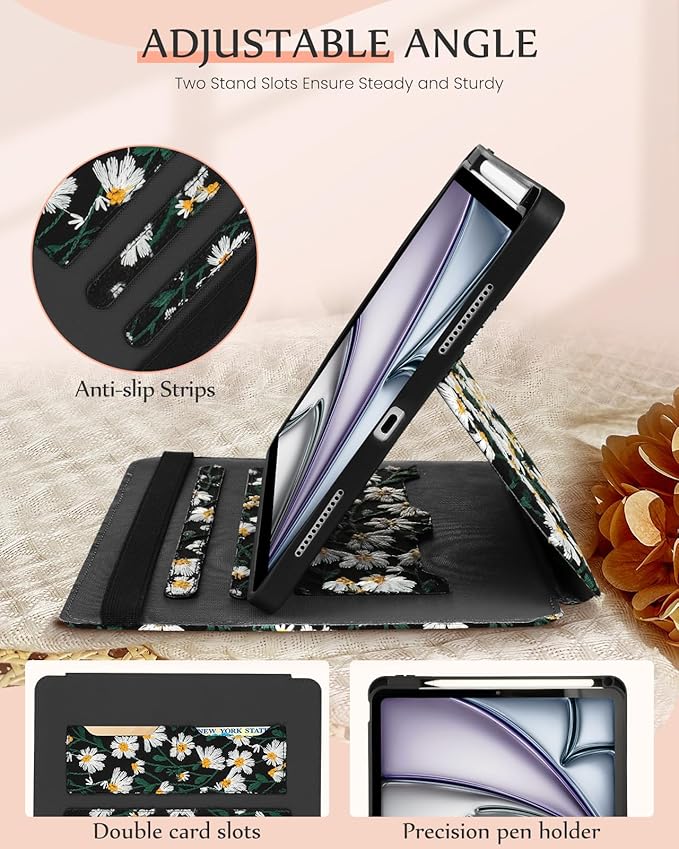 Uppuppy for iPad Air 11 inch Case M3 2025/M2 2024 - Air 5th/4th Generation Case 10.9'' Women Girls Cute Embroidered Folio Stand Cover with Pencil Holder & Card Slot Kawaii Daisy Floral Design Cases