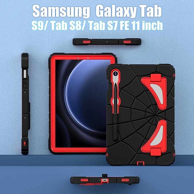 AKABEILA Compatible with Samsung Galaxy Tab S7/S8/S9/S9 FE 11 inch(2023) Tablet Case，Lightweight Shockproof Rugged Protective Cover with Kickstand for Kids Children Boys Babies Black Red