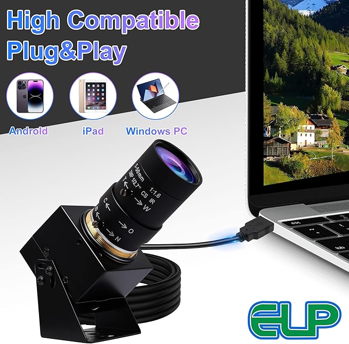 ELP 4K USB Camera with Microphone 5-50mm Varifocal Lens Manual Zoom Webcam 8MP IMX317 Sensor 3840x2160@30fps UVC for Windows, Linux, Mac, Raspberry Pi, etc.