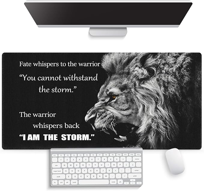 Large Gaming Mouse Pad (31.5" x 15.8")- Majestic Roar of a Lion Inspirational Quotes Warrior Whispers to Fate I am The Storm, Extra XXL Office Accessories, Premium Stitched Anti-Slip Desk Mat