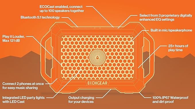 ECOXGEAR Defender: Outdoor Portable Bluetooth Speaker, 121dB Massive Sound, Waterproof and Drop Proof, with LED Party Lights, Pair up to 100, 25+ Hours Playtime (Blaze Orange)