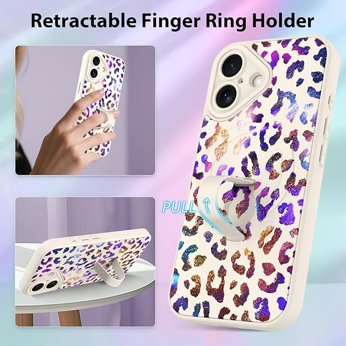 KANGHAR Compatible with iPhone 17 Case, Support for MagSafe, Silicone Cute Iridescent Leopard Cheetah Pattern, Wristband Kickstand Shockproof Protective Slim Cover for Women Girls, White