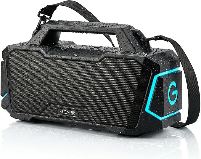 GEARit Boombox Outdoor Speaker Portable | 120W Subwoofer Deep Bass Karaoke | IPX6 Waterproof RGB Light Bluetooth 5.3 EQ | AUX/MicroSD/USB Power Bank 12H Playtime for Camping Beach Party Pool Gift