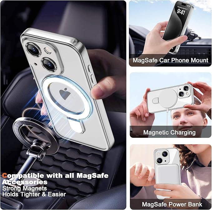 Compatible with iPhone 15 Plus Case with Invisible Magnetic Ring Stand [Compatible with Mag-Safe] [Full Camera Lens Protector] Plating Clear Phone Case for iPhone 15 Plus 6.7", Silver