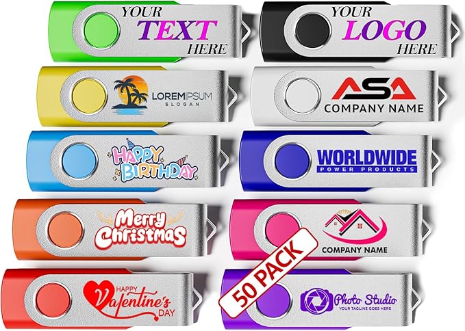 Custom USB 3.0 Personalized Flash Drive 32GB, 50Pcs High-Speed Memory Sticks with Printed Logo/Text, Bulk Promotional Thumb Drives for Company AD/Education/Wedding/Corporate Events