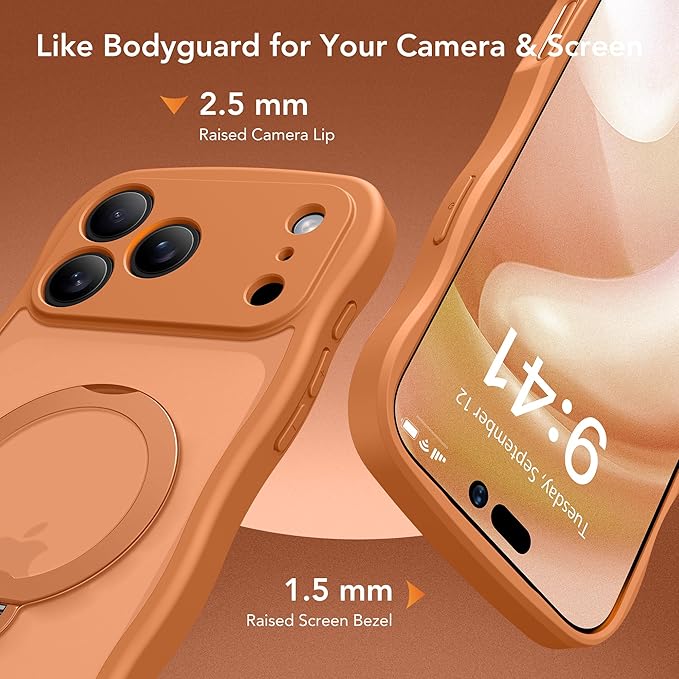 for iPhone 17 Pro Max Case for Women,[Compatible with Magsafe][360° Spin Magnetic Stand][Cute Wave Edge][Military-Grade Protection]Translucent Matte Phone Case for iPhone 17 Pro Max,Cosmic Orange