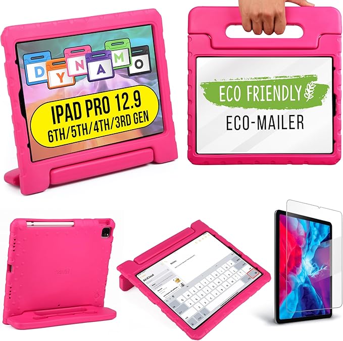 Cooper Dynamo iPad Pro 12.9 Case for Kids for iPad Pro 12.9 6th Generation Case (2022), Also Fits 5th-4th-3rd Gen (2021, 2020, 2018) | Rugged Foam, Magic Handle, Stand, Pencil Holder (Pink)