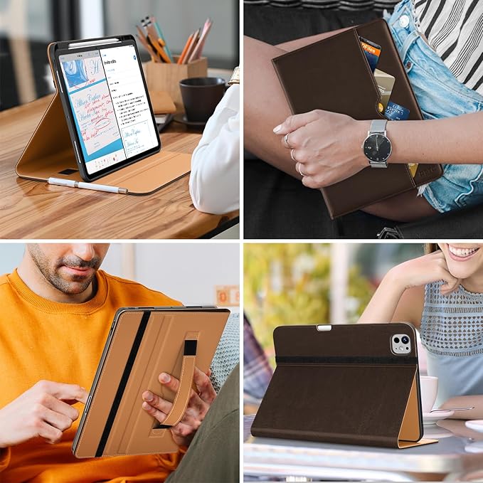 DTTO for iPad Pro 13 inch Case (M5/M4) 2025/2024, Premium Leather Business Folio Stand Cover with Pencil Holder - Auto Wake/Sleep & Multiple Viewing Angles, Built in Hand Strap & Pocket, Dark Brown