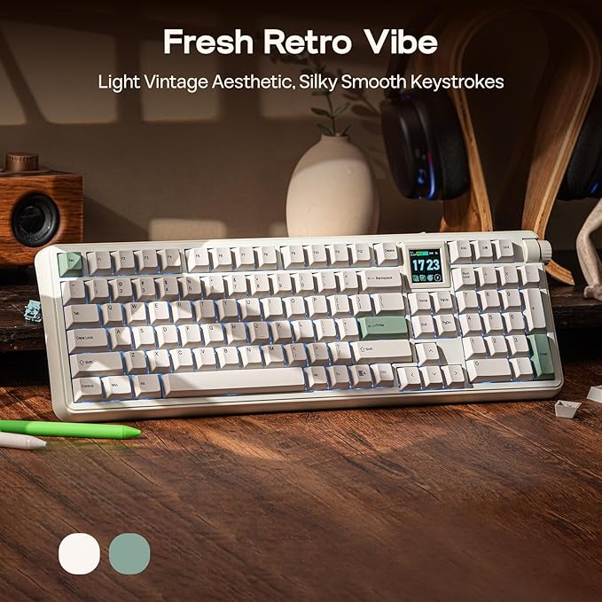 EPOMAKER RT100 PRO Wireless Gaming Keyboard with 1.54" Screen&Knob, RGB, 2.4Ghz/BT/USB-C, Hot Swap, 5000mAh, PBT Keycap, Custom Driver, Retro Mechanical Keyboard for Win/Mac (White, Sea Salt Silent)