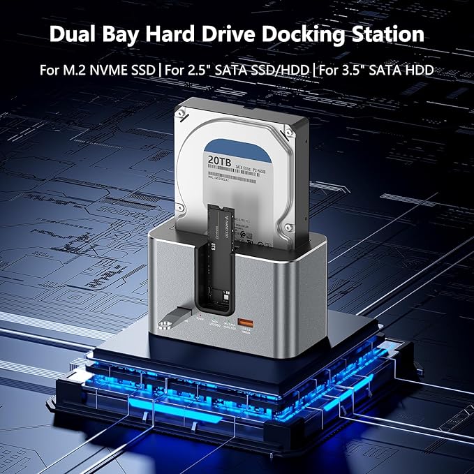 SATA & M.2 NVMe Hard Drive Docking Station for 2.5 & 3.5 inch SATA HDD/SSD and M.2 NVMe SSD, USB 3.2 10Gbps Transfer Rate, Up to 28TB, 2-Bay