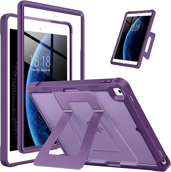 DTTO Case for iPad 6th/5th Generation 9.7 Inch 2018/2017, Adjust Kickstand Freely, Built-in Screen Protector, Frosted Full-Body Shockproof Protective Cover for iPad Air 2 / Pro 9.7, Dark Purple