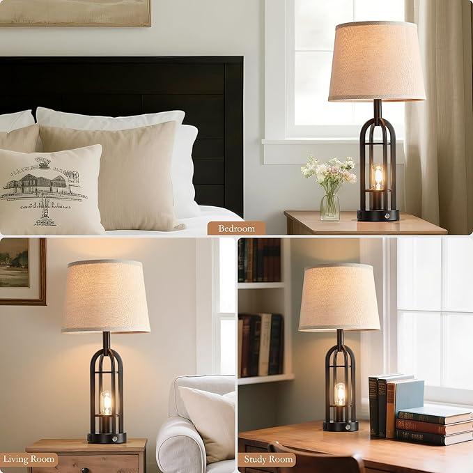 SRJJA 24" Table Lamps for Living Room Set of 2, Farmhouse Industrial 3-Way Dimmable Touch Bedside Lamps with USB A+C for Bedroom Nightstand，4 Bulbs Included