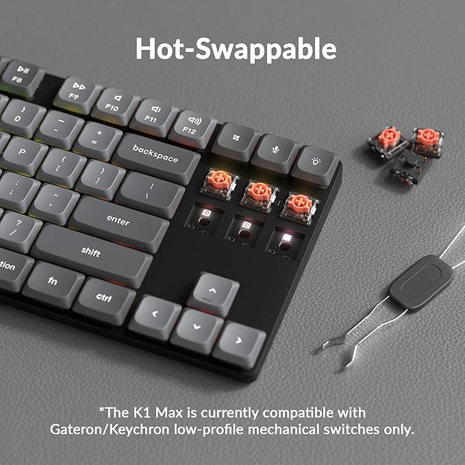 Keychron K1 Max Ultra-Slim Wireless Mechanical Keyboard, 80% TKL Layout Bluetooth/2.4 GHz/Wired Keyboard with Low Profile Silent Red Switch, Hot-Swappable, RGB Backlit, Launcher for Mac Windows Linux