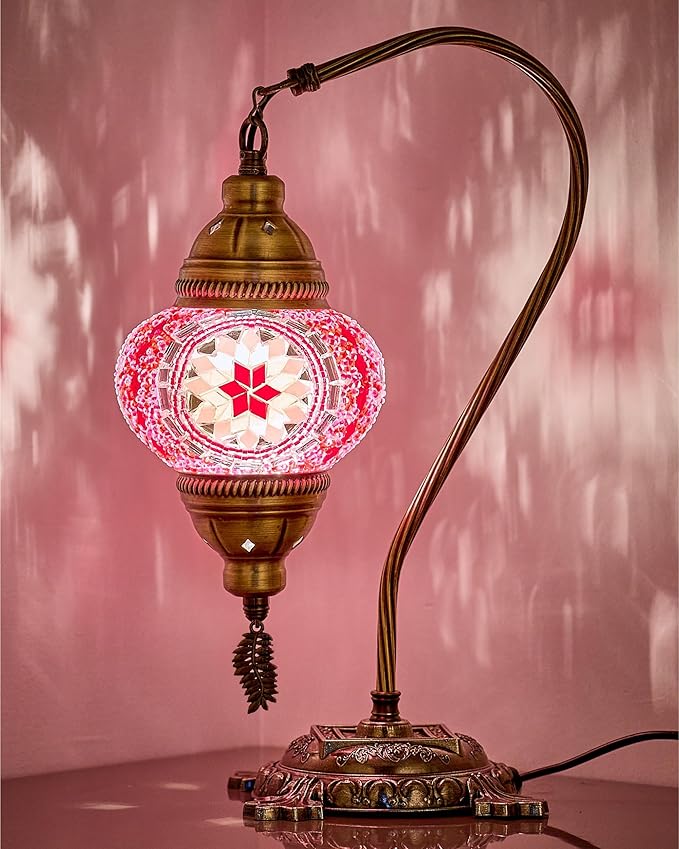 DEMMEX Turkish Moroccan Mosaic Table Lamp – Handcrafted Tiffany-Style Colorful Glass Swan Neck Bedside, Desk, Table Light, Boho Artisan Accent Lighting for Bedroom or Living Room – 15" H, Pink