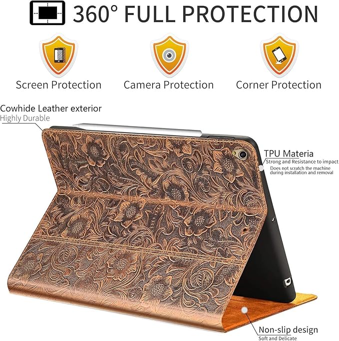 Gexmil Genuine Leather Case for iPad pro 11 Inch 2022/2021 4th/3rd Gen, iPad Pro 11 2020/2018 Cover 2nd/1st Gen. Cover,Real Leather Cowhide Shockproof,Floral Pattern