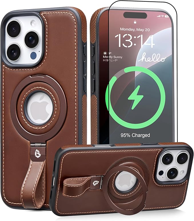 Butaiga for iPhone 16 Pro Max Leather Case with Stand, Anti-Slip Grip Ring, Fits for MagSafe (Cocoa, iPhone 16 Pro Max)