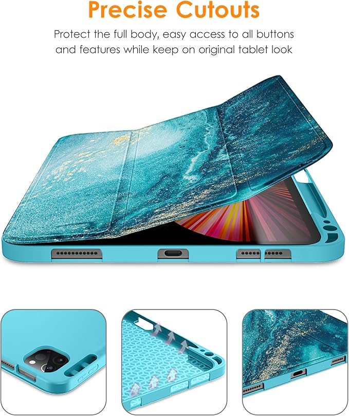 DTTO for iPad Pro 11 inch 4th/3rd/2nd/1st Generation 2022/2021/2020/2018 Case, Smart Slim Trifold Stand Soft TPU Back Cover with Built-in Pencil Holder, Also Fit iPad Air 5/4,Sandy Wave