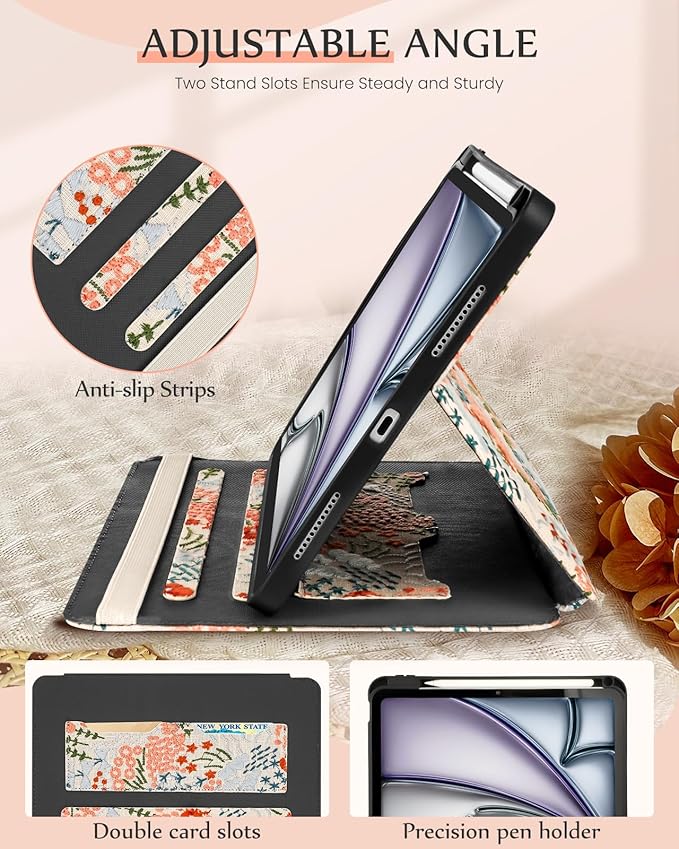 Uppuppy for iPad Air 11 inch Case M3 2025/M2 2024 - Air 5th/4th Generation Case 10.9'' Women Girls Cute Embroidered Folio Stand Cover with Pencil Holder & Card Slot Girly Floral Flowers Design Cases