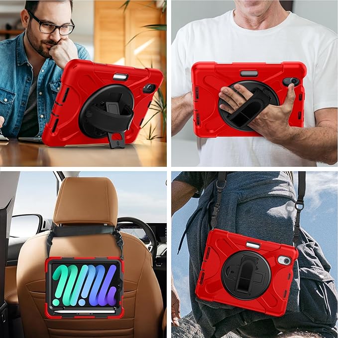 Gerutek Case for iPad mini 7 (A17 Pro) 2024/Mini 6 2021 8.3 inch, Shockproof Cover for iPad mini 7/6th Generation with Screen Protector, 360° Rotating Stand, Hand/Shoulder Strap, Pencil Holder-Red