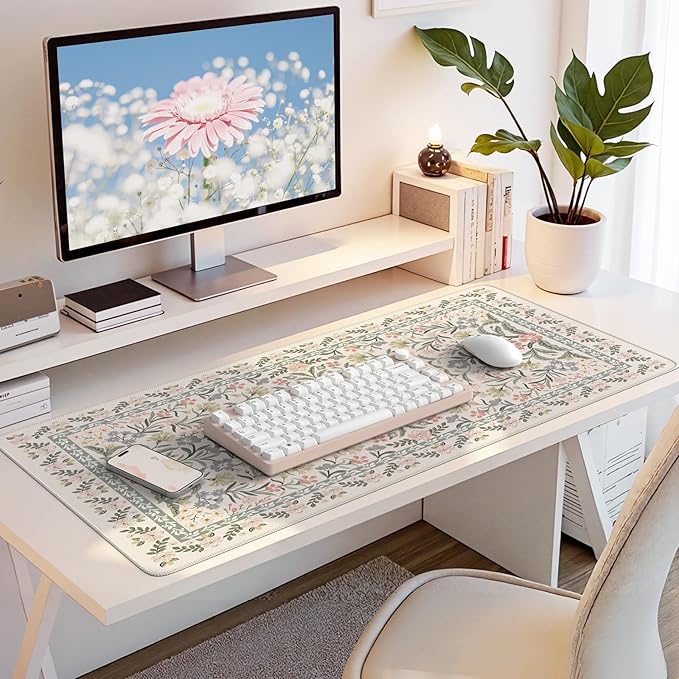 HAOCOO Vintage Floral Desk Mat, Boho Botanical Mouse Pad with Non-Slip Base, XXL Large Keyboard Mat for Office & Home (Grey)