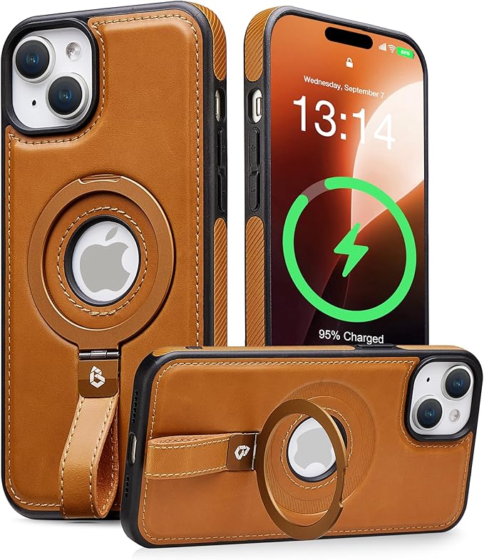 Butaiga for iPhone 14 /iPhone 13 Leather Case with Stand, Anti-Slip Grip Ring, Fits for MagSafe (Brown, iPhone 14/13)