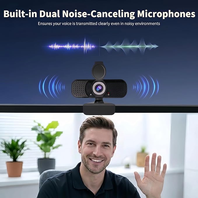 4K Webcam with Autofocus & Tripod, Camera for PC Laptop with Dual Microphone, USB Computer Camera with Low Light Correction, Auto White Balance, Video Camera for Streaming, Meetings, Office, Zoom