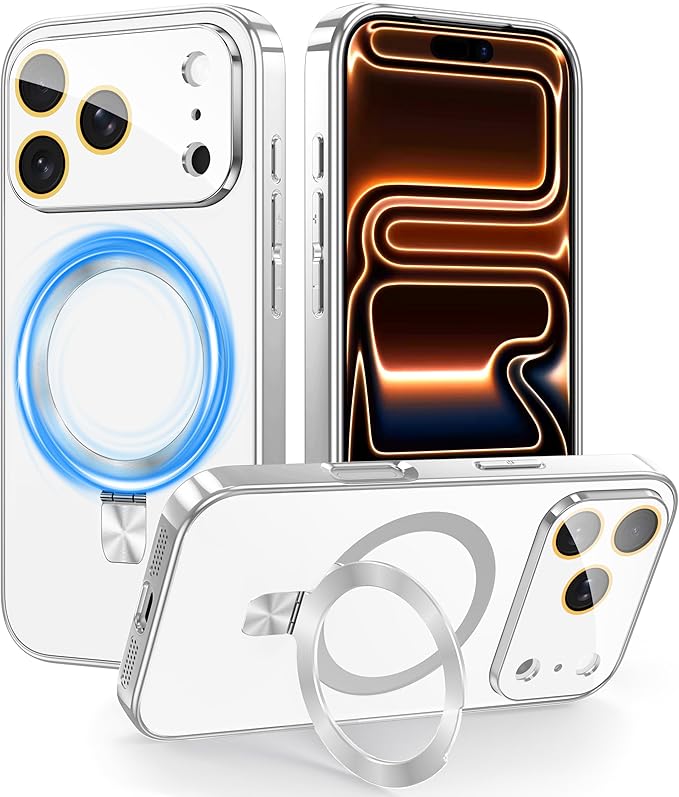 TOBOVON Magnetic for iPhone 17 Pro Case with Ring Stand, Fits MagSafe, with Built-in Camera Cover, Slim Electroplated Shockproof Phone Case, Silver