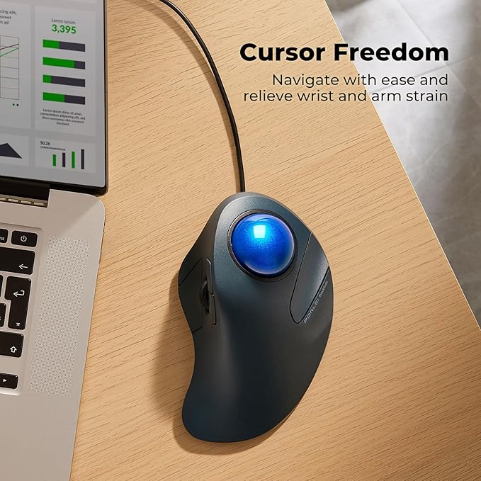 Wired Trackball Mouse for Large Hands, Ergonomic Design Reduces Wrist & Muscle Strain, Precision Tracking with Easy Index Finger Control, Compatible with PC, Laptop, Windows, Mac, Blue