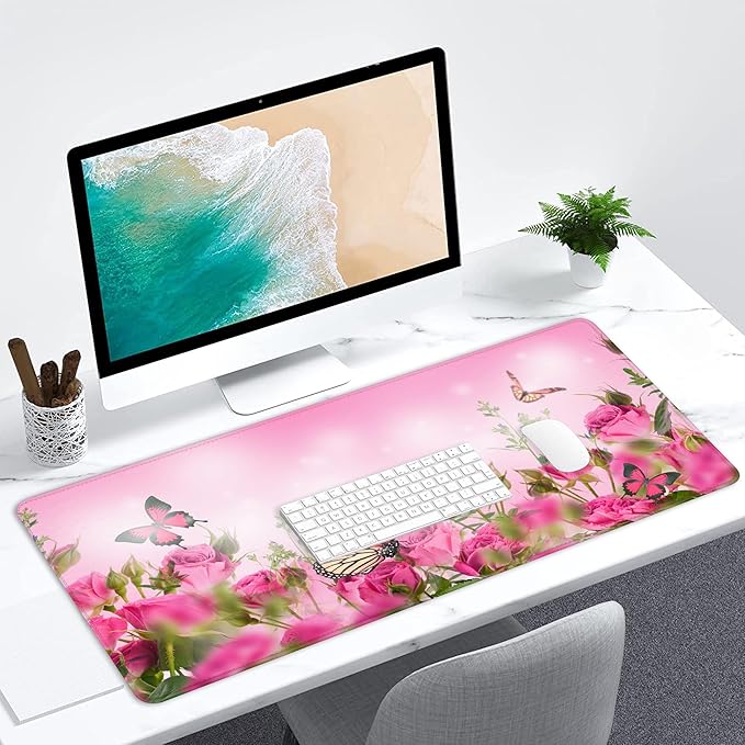 Desk Mat,Spring Pink Rose Floral Butterfly Mouse Pad Large Gaming for Desk,Non-Slip Rubber Base Mousepad,31.5x15.7 Inch for Office Home Work & Game
