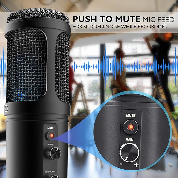 JOVIAL Pyle USB PC Recording Condenser Microphone, Portable Pro Audio Condenser Desk Mic, Blue LED, Adjustable Gain, Headphone Jack, Mute Control, Tripod Stand, for Podcast Streaming Gaming