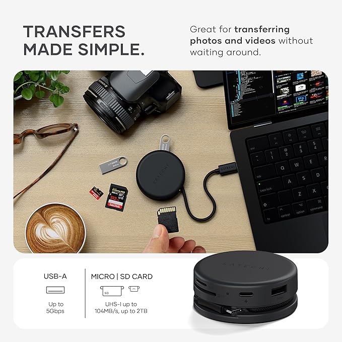 Satechi OntheGo™ 7-in-1 USB-C Hub, Compact Magnetic Multiport Adapter, 100W PD, HDMI 4K/60Hz, Gigabit Ethernet, 2×USB-A 5Gbps, SD/microSD Reader, Coiled Cable, for Mac & Windows – Space Black