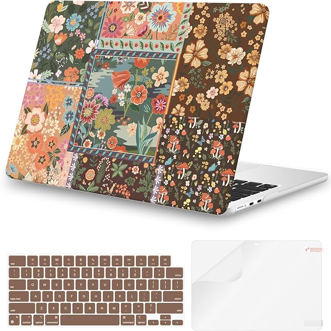 iCasso for MacBook Air 13.6 inch Case 2026 2025-2022 Release M5 M4 M3 M2 Model A3449 A3240 A3113 A2681, Flower Pattern Sturdy Protective Hard Shell Case Cover for Mac Book Air 13 inch,Brown
