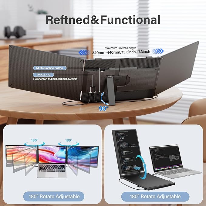 Laptop Screen Extender Monitor Portable,14.1" Ultra Thin 1080P FHD Lightweight Triple Screen,Portable Monitor for Laptops,Fit for 13-17" Laptop,Plug & Play Compatiable with Win/Mac/Chrome/Android