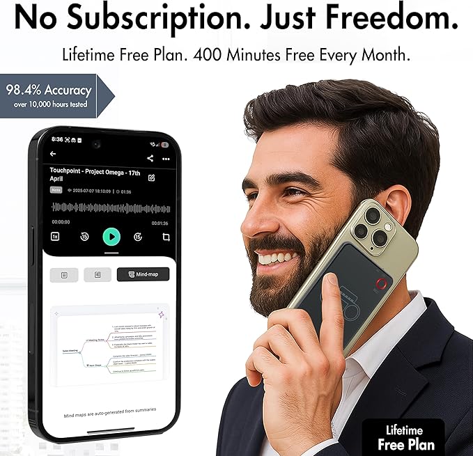 LIMU AI Voice Recorder with App Control - 13h Recording Device, 64GB AI Note Taking Device - GPT 5 Translation, Summaries & Mind Maps (125 Languages), 400 Min/Month, Audio Recorder with Transcription