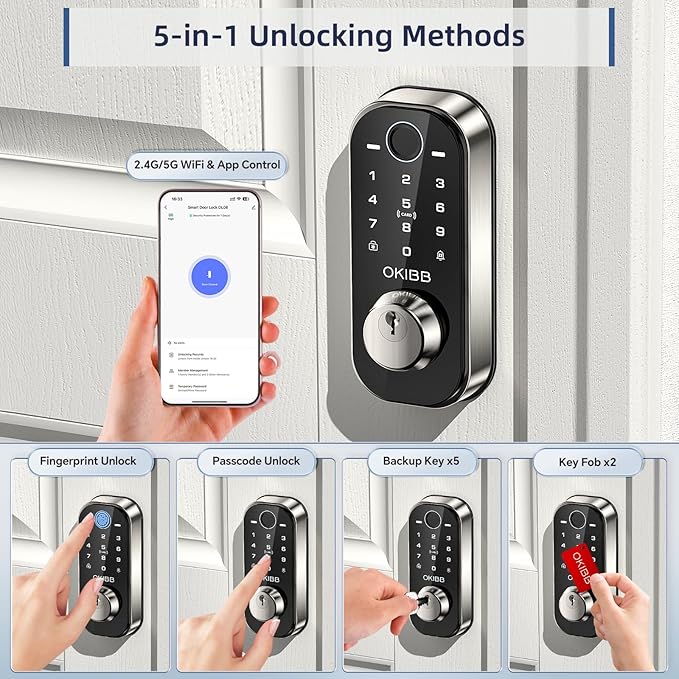 Fingerprint Door Lock for Front Door Built-in Wi-Fi OKIBB, Smart Keyless Entry Door Lock with APP Touchscreen Keypad Deadbolt, Emergency Power Port, One-Touch, IP54 Weatherproof, BHMA Grade 3