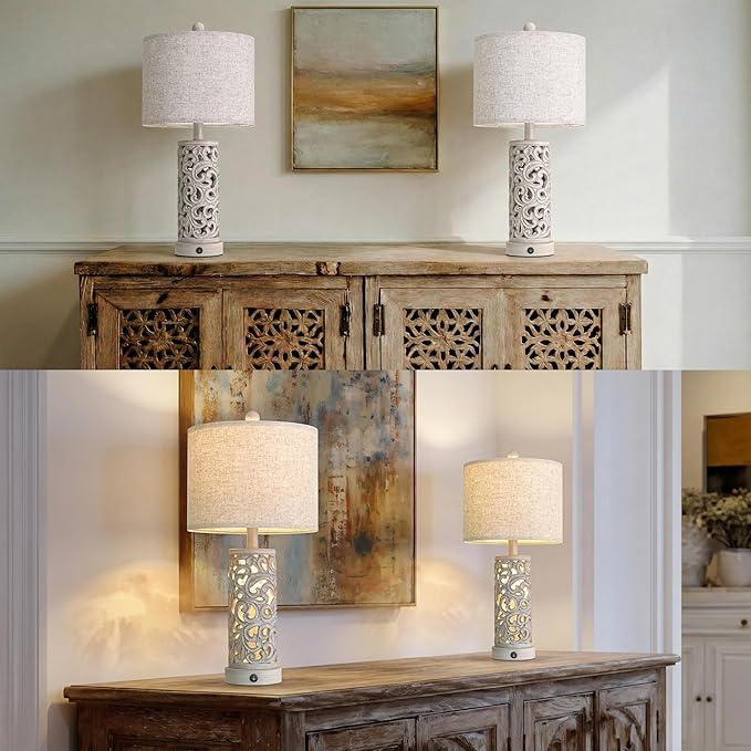 OYEARS Bedside Table Lamps Set of 2 with USB & Night Light, 22'' Farmhouse Bedroom Lamps for Nightstand, Vintage Table Lamps for Bedroom Living Room Home Offce (Bulb Included)