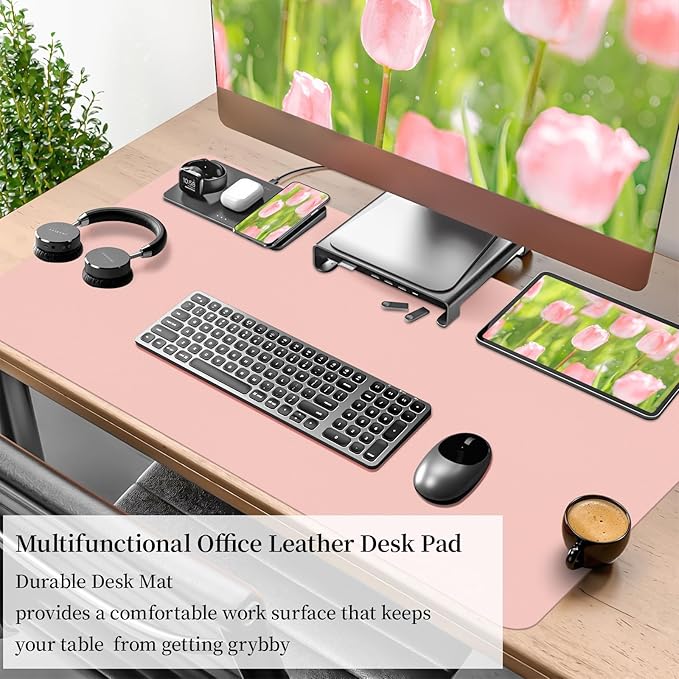 Bloss Pink Leather Desk Mat Protector,Office Desks Mats,Laptop Waterproof Desk Pads,Desks Protector Mats,Cute Computer Mouse Mats,Dual-Side Writing Pads for Office/Home.31.5"x 15.7"