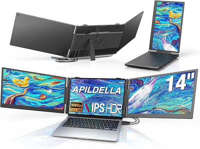 APILDELLA 14'' Triple Laptop Screen Extender, 1080P FHD Laptop Extended, Ultra-Thin Portable Monitor for Laptop, Plug-Play Dual Monitor for 13-17.3'' Laptops, Work with Mac, Windows, Chrome