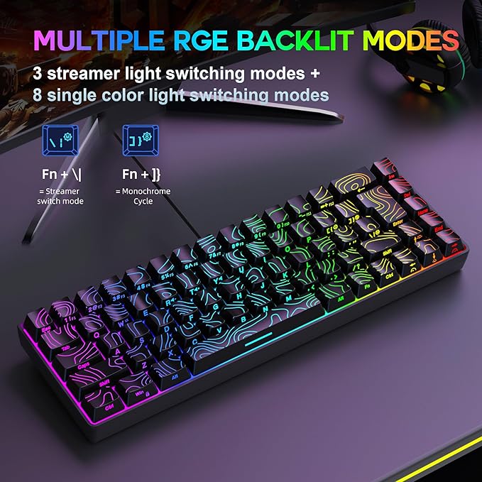 Snpurdiri 65% Wired Gaming Keyboard, 68 Keys RGB Backlit Ultra-Compact Small Gaming Keyboard, for PC/Mac Gamer, Typist, Travel, Easy to Carry on Business Trip Black