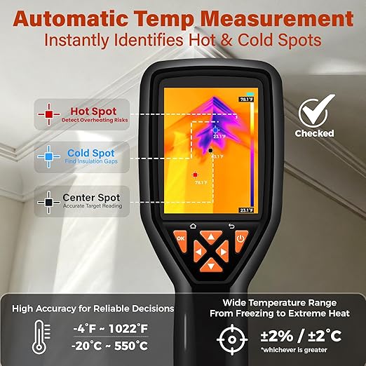 Handheld Thermal Imaging Camera 320×240 Super Resolution, 25HZ Refresh Rate, High/Low Temp Alarm, 8H Battery Life for Water Leak Detection, Hidden Moisture and Home Inspection