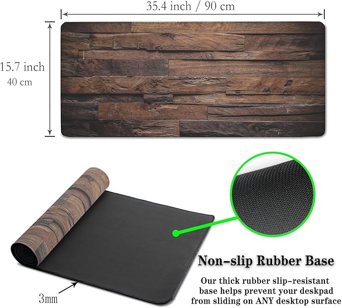 Gaming Mousepad Computer Desk Pad, Computer Desk Mats XXL Mouse Pad, Pc Gaming Mat Waterproof Non-Slip Rubber Base, 35.4" X 15.7" for Work/Game/Office Dark Wood, Vintage Natural Wooden Board