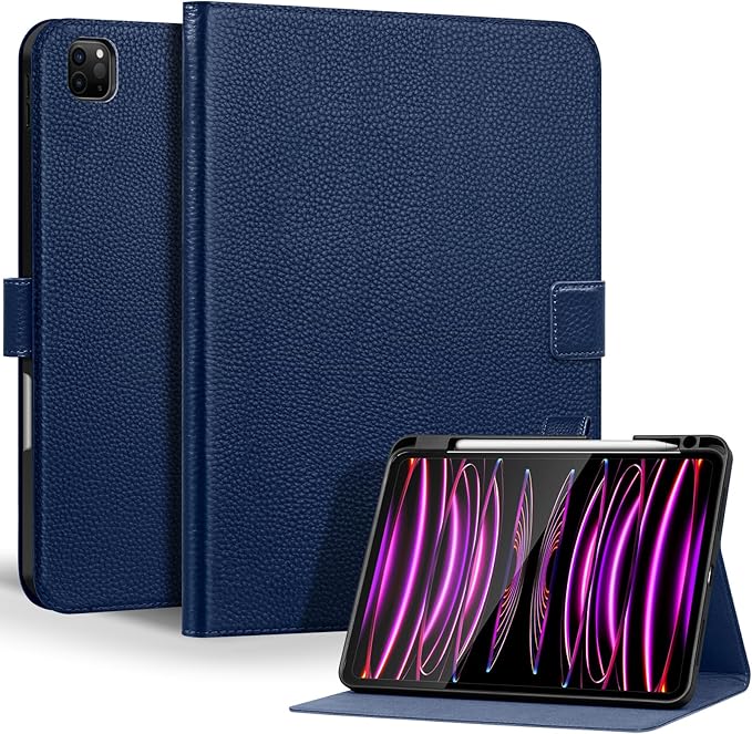 Genuine Leather Case for iPad Pro 11 Inch 4th/3rd/2nd/1st Generation 2022/2021/2020/2018 | with Pencil Holder and Adjustable Stand, Magnetic Closure, Auto Wake/Sleep Cover | Blue