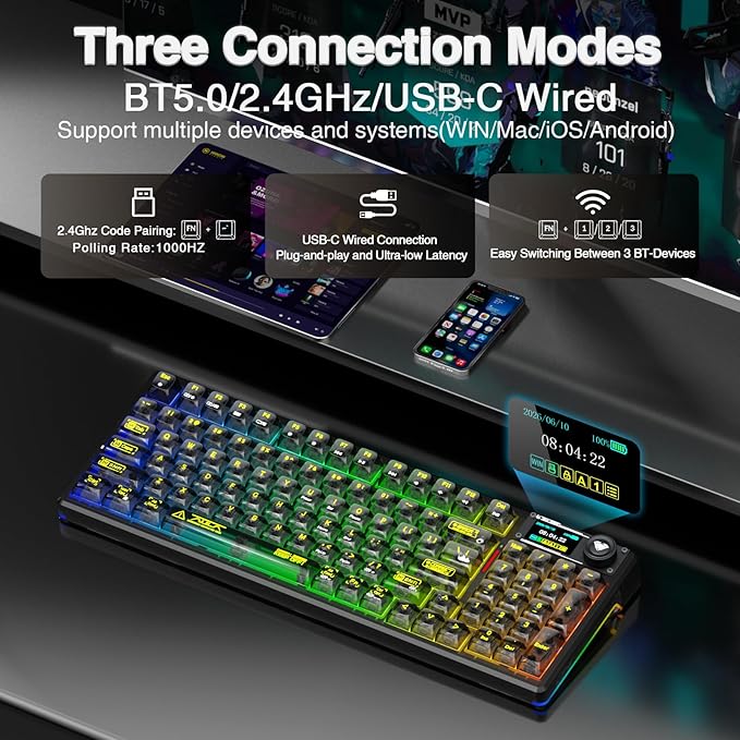 AULA F98 Pro V3 Wireless Mechanical Keyboard with Transparent Keycaps,Hot-swappable,Pre-lubed Linear Switches,Gasket Structure,RGB Backlit,TFT Screen,BT5.0/2.4G/USB-C Wired Computer Keyboard