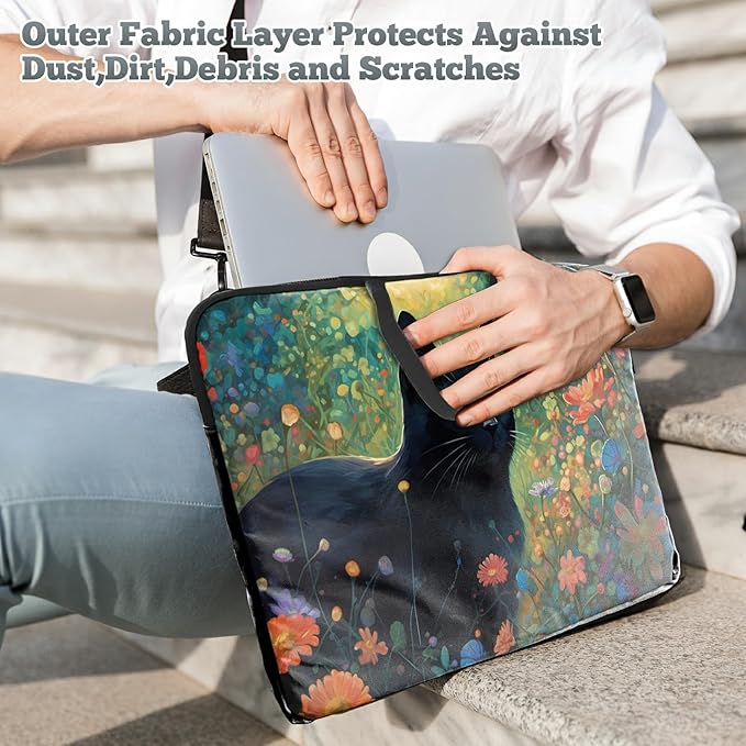 Laptop Sleeve Case 15 inch Plus Cute Mousepad, Black Cat Florals Slim Carrying Case Durable Handbag Protective Travel Laptop Bag for 13-15 inch Tablet,Laptop, Ultrabook Notebook