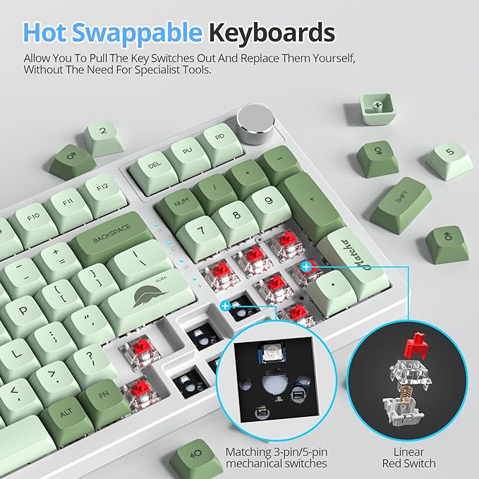Fogruaden Wired Green Matcha Creamy Mechanical Keyboard with Number Pad, Hot Swappable RGB Gaming Keyboard with Knob, 98 Key, Custom Gasket Mount, Red Switch, NKRO 96% Keyboards for Win/Mac