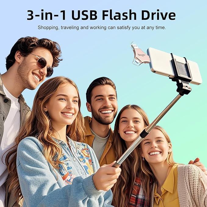 MFi Certified USB 3.0 Flash Drive 128GB for iPhone 3in1 External Memory Photo Keeper Storage Stick for Picture/Video/Data Saver/Backup High Speed Thumb/Jump/Hard Drives for iPad/Android/PC (Rose Pink)