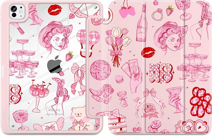 Case for iPad Pro 13 Inch (M5 2025 M4 2024) – [Built-in Pencil Holder], Shockproof & Stylish, Clear Hard Back + Soft TPU Edge, Magnetic Trifold Stand, Auto Wake/Sleep, Cowgirl Pink